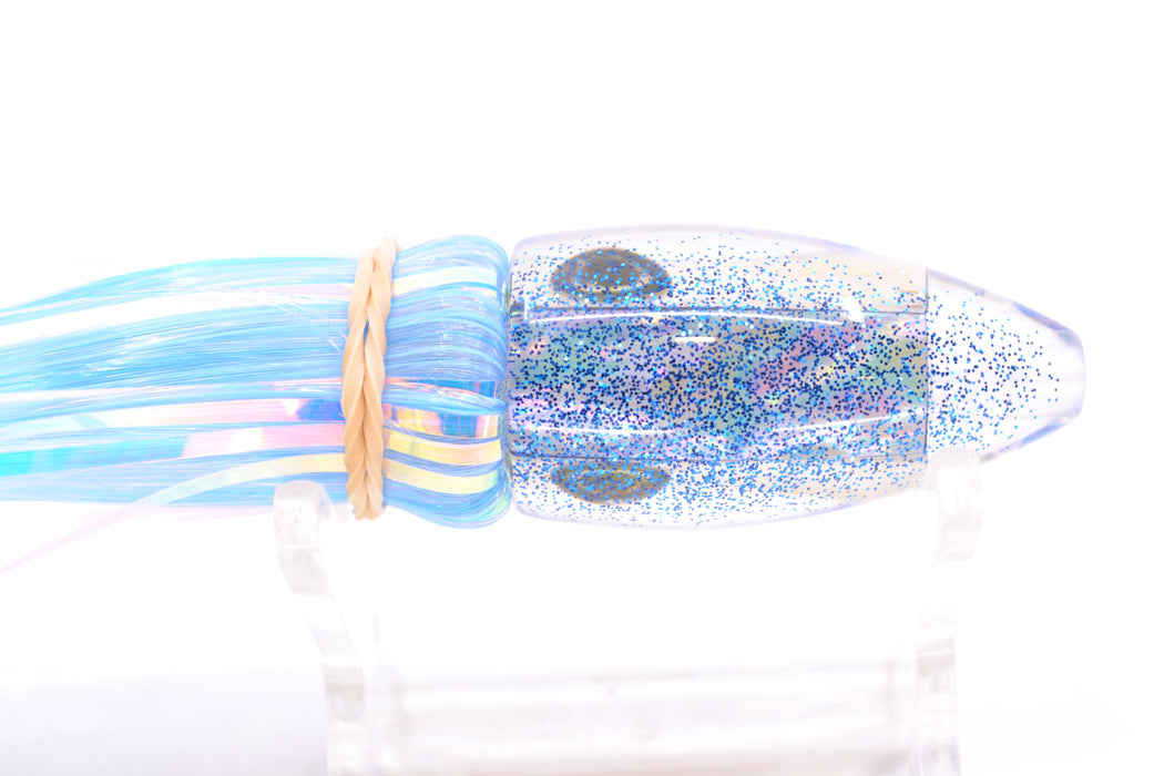 Moyes Lures White MOP Blue Glitter Back Poon 5" 1.3oz Skirted Mixed Ice Blue-White Hair