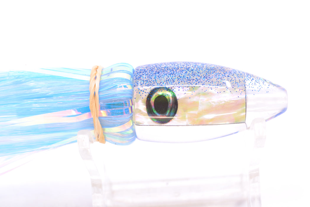 Moyes Lures White MOP Blue Glitter Back Poon 5" 1.3oz Skirted Mixed Ice Blue-White Hair
