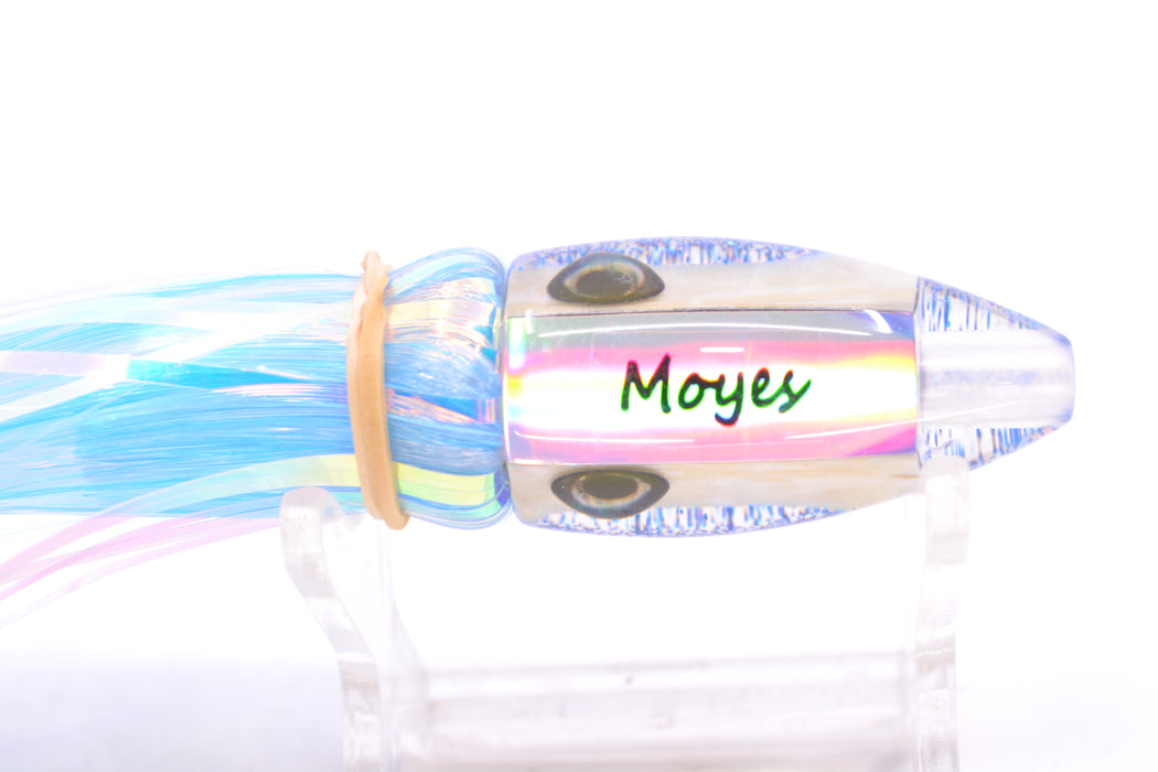 Moyes Lures White MOP Blue Glitter Back Poon 5" 1.3oz Skirted Mixed Ice Blue-White Hair