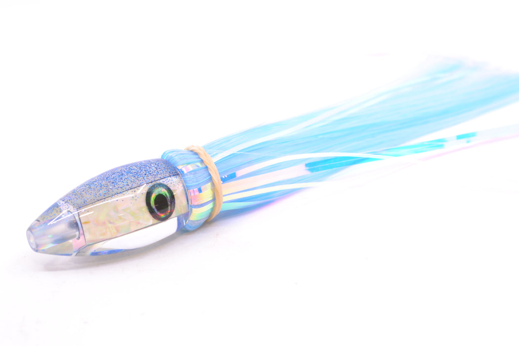 Moyes Lures White MOP Blue Glitter Back Poon 5" 1.3oz Skirted Mixed Ice Blue-White Hair
