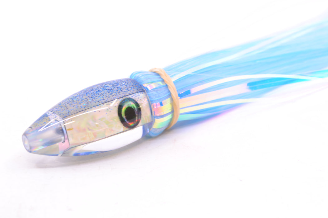Moyes Lures White MOP Blue Glitter Back Poon 5" 1.3oz Skirted Mixed Ice Blue-White Hair