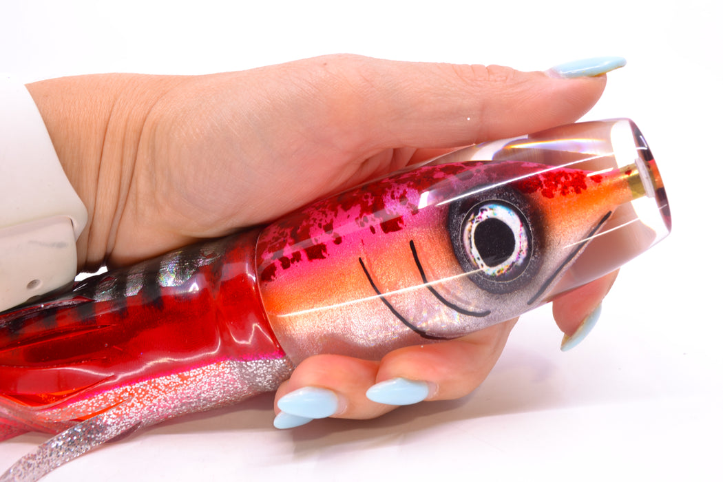 Tsutomu Lures Red Splatter-Pink-Orange Fish Head Ante Invert 12" 9.7oz Skirted Red Aurora