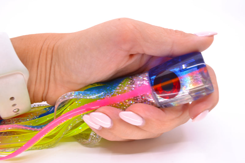 Coggin Lures Rainbow Dichro Blue-Pink Back Sugar Bear Invert 9" 4oz Skirted Blue Bars
