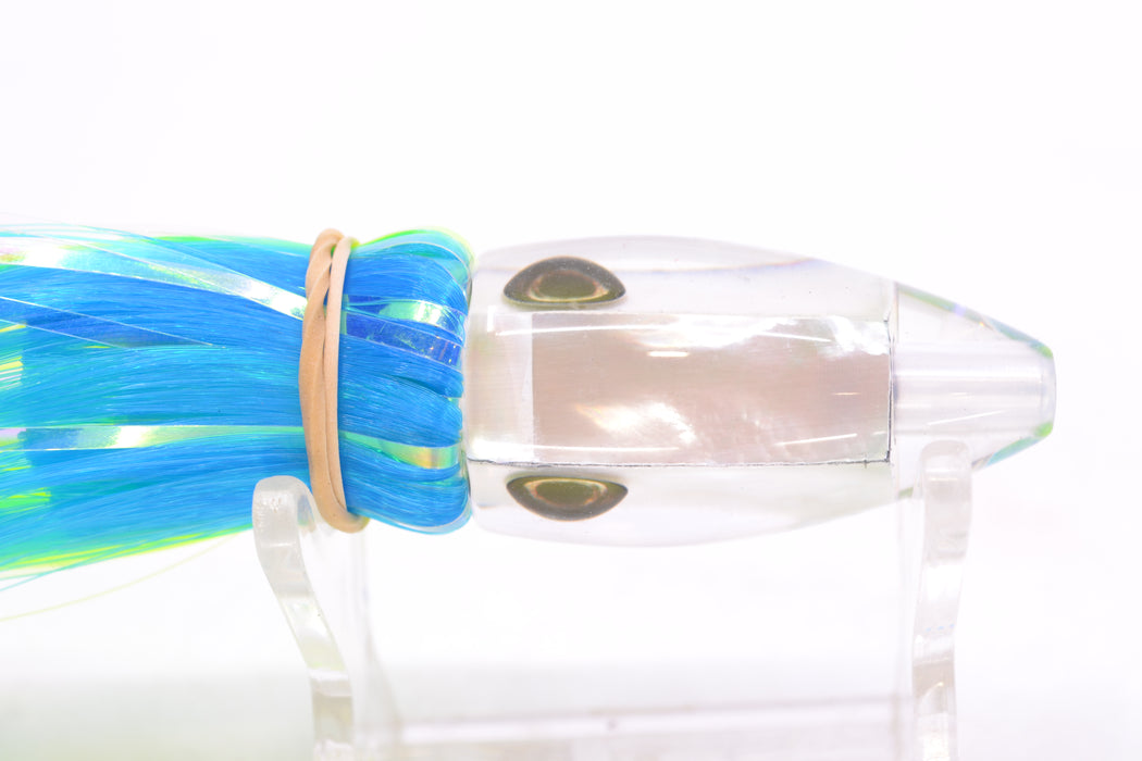 Moyes Lures White MOP Taxi Eyes Poon 5" 1.3oz Skirted Ice Blue-Chartreuse Hair