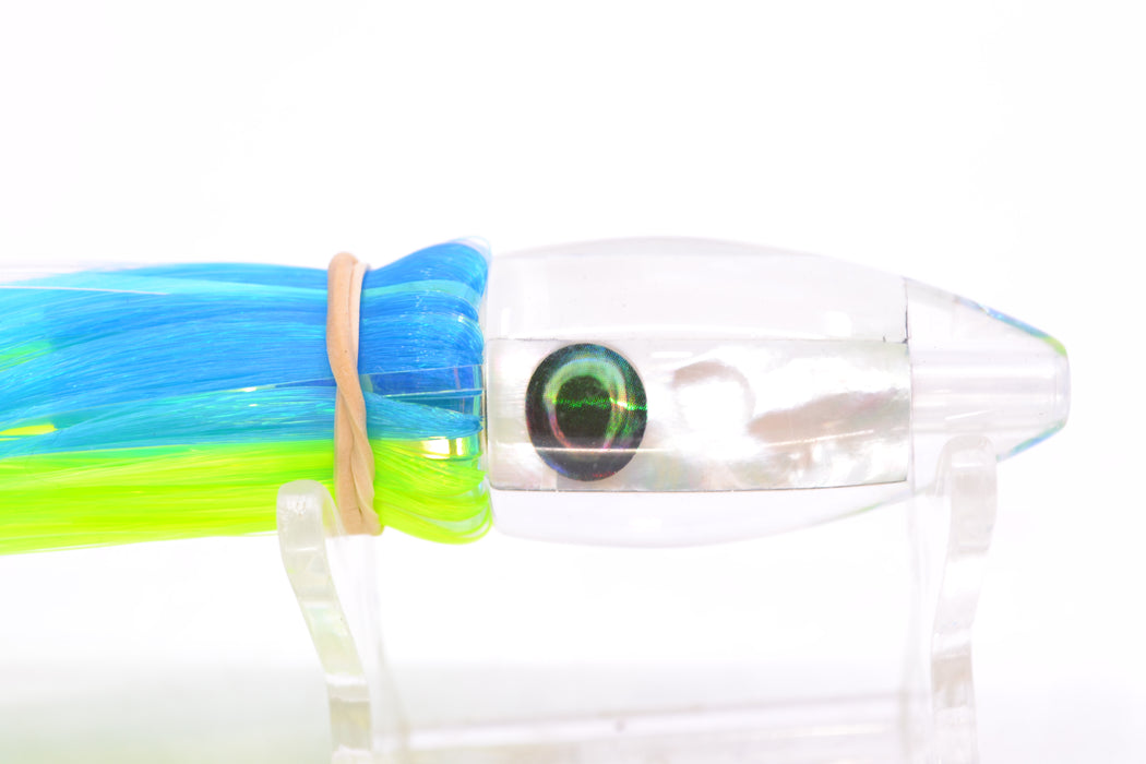 Moyes Lures White MOP Taxi Eyes Poon 5" 1.3oz Skirted Ice Blue-Chartreuse Hair