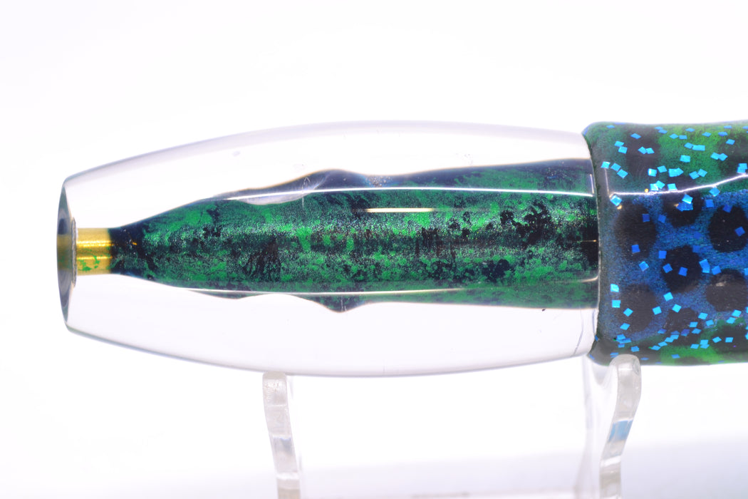 Tsutomu Lures Black & Green Splatter-Blue Fish Head Moke Invert 9" 7oz Skirted