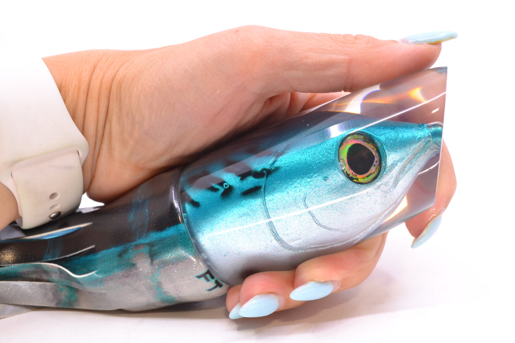 Ali'i Kai Lures Black-Turquoise-Silver Bonito Fish Head #2 Yakuza 14" 10oz FT Vinyl Blue Drip