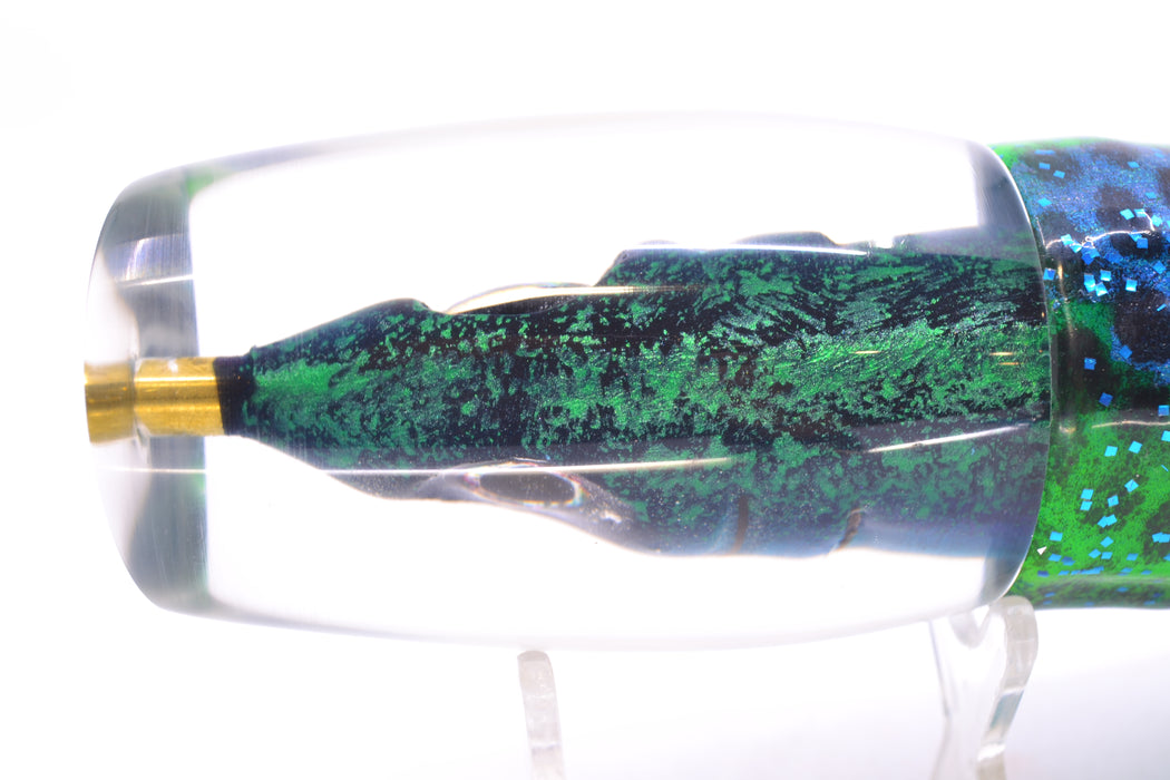 Tsutomu Lures Green/Black Splatter-Blue-Silver Fish Head Super Moke 14" 12oz Skirted GZE