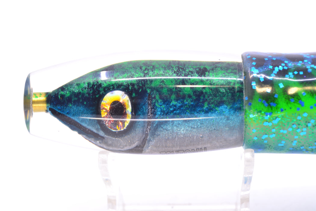 Tsutomu Lures Black & Green Splatter-Blue Fish Head Moke Invert 9" 7oz Skirted