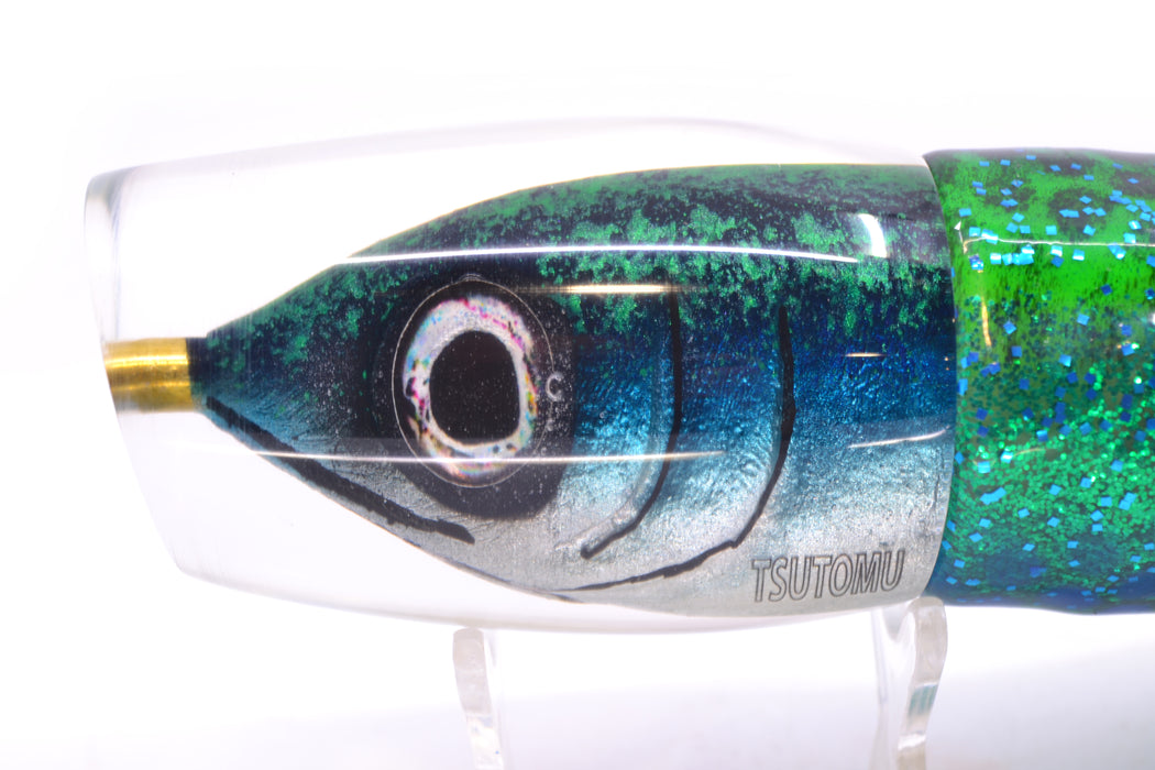 Tsutomu Lures Green/Black Splatter-Blue-Silver Fish Head Super Moke 14" 12oz Skirted GZE