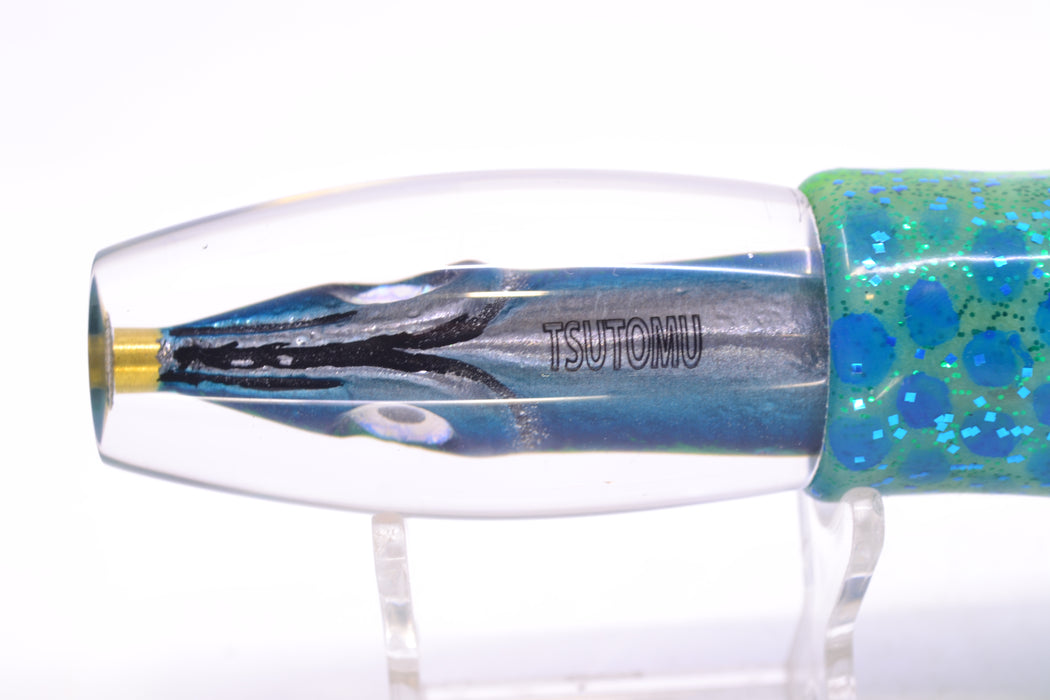 Tsutomu Lures Black & Green Splatter-Blue Fish Head Moke Invert 9" 7oz Skirted