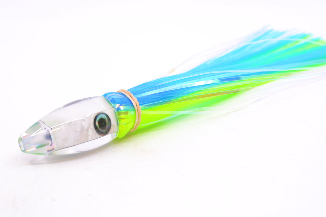 Moyes Lures White MOP Taxi Eyes Poon 5" 1.3oz Skirted Ice Blue-Chartreuse Hair