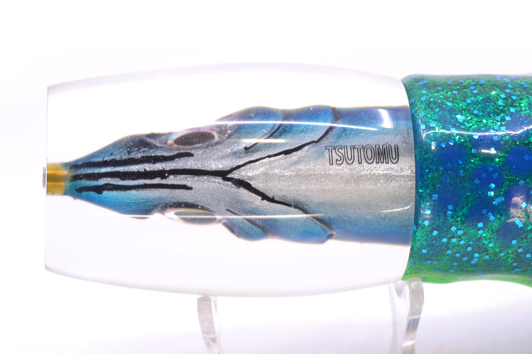 Tsutomu Lures Green/Black Splatter-Blue-Silver Fish Head Super Moke 14" 12oz Skirted GZE