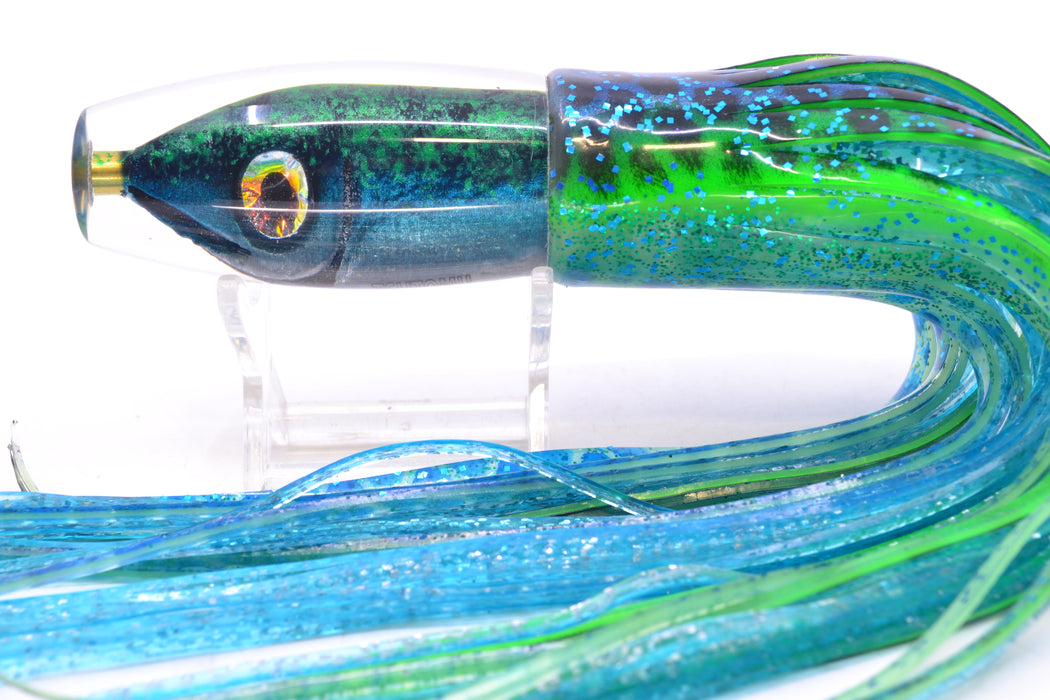 Tsutomu Lures Black & Green Splatter-Blue Fish Head Moke Invert 9" 7oz Skirted