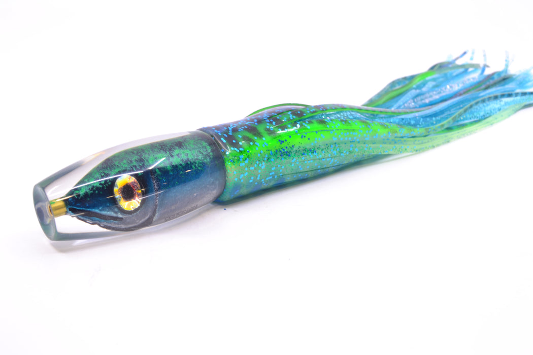 Tsutomu Lures Black & Green Splatter-Blue Fish Head Moke Invert 9" 7oz Skirted