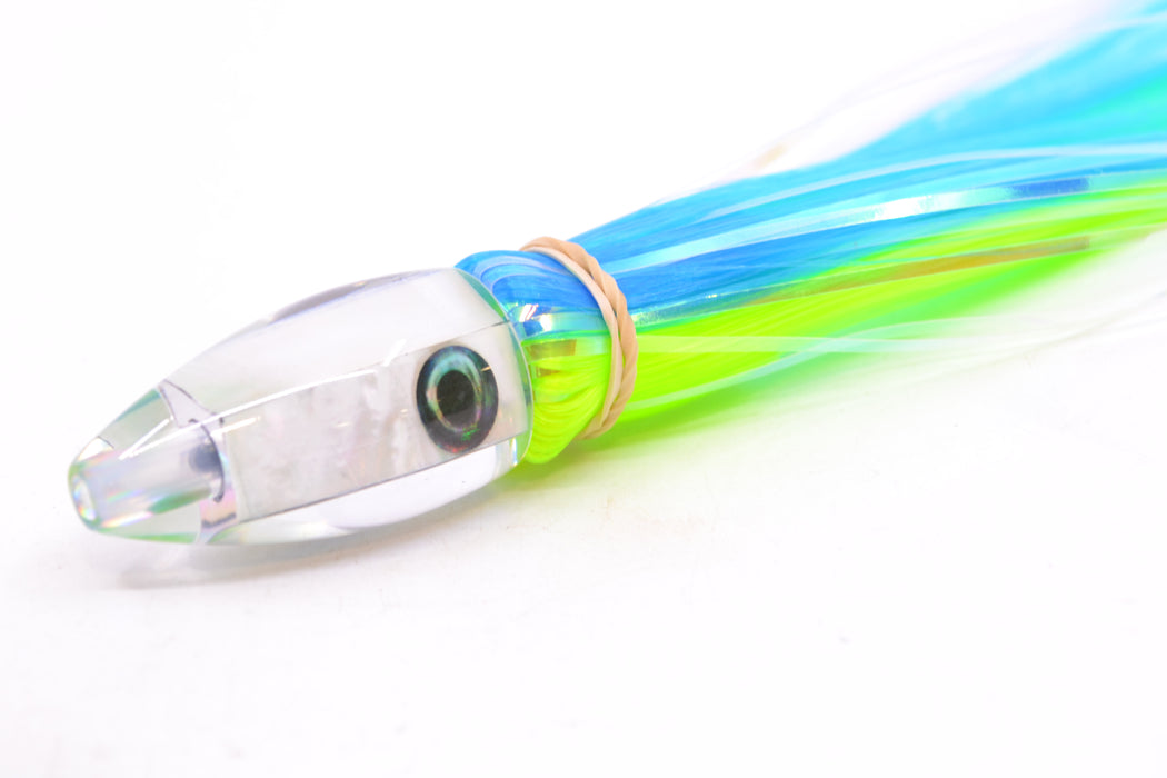 Moyes Lures White MOP Taxi Eyes Poon 5" 1.3oz Skirted Ice Blue-Chartreuse Hair