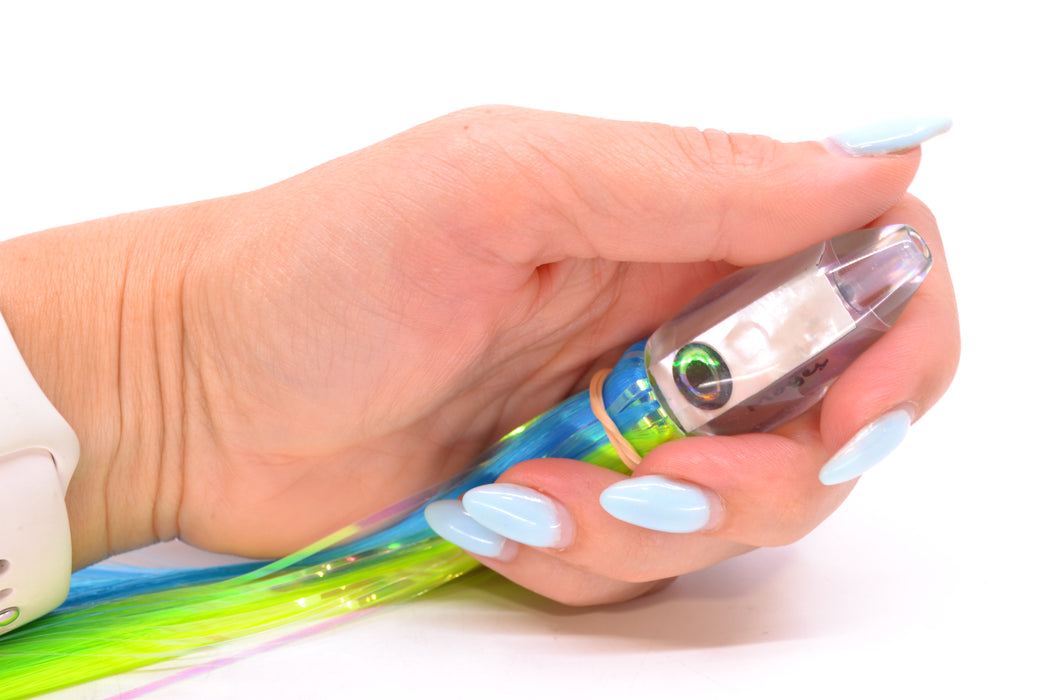 Moyes Lures White MOP Taxi Eyes Poon 5" 1.3oz Skirted Ice Blue-Chartreuse Hair