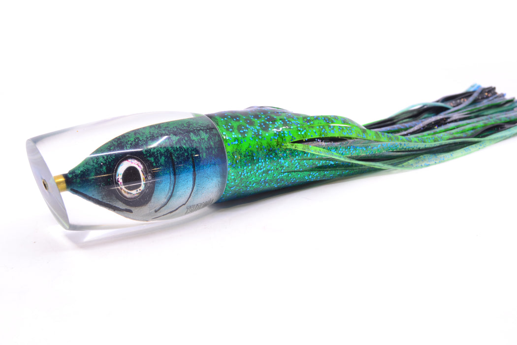 Tsutomu Lures Green/Black Splatter-Blue-Silver Fish Head Super Moke 14" 12oz Skirted GZE