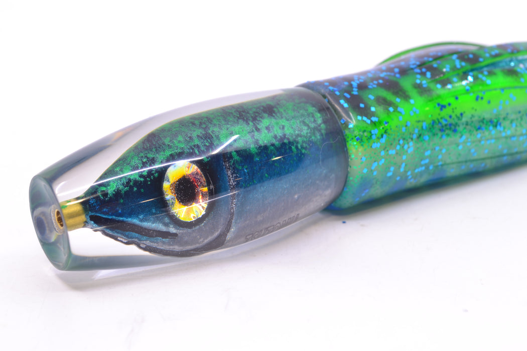 Tsutomu Lures Black & Green Splatter-Blue Fish Head Moke Invert 9" 7oz Skirted