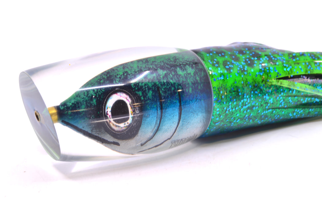 Tsutomu Lures Green/Black Splatter-Blue-Silver Fish Head Super Moke 14" 12oz Skirted GZE
