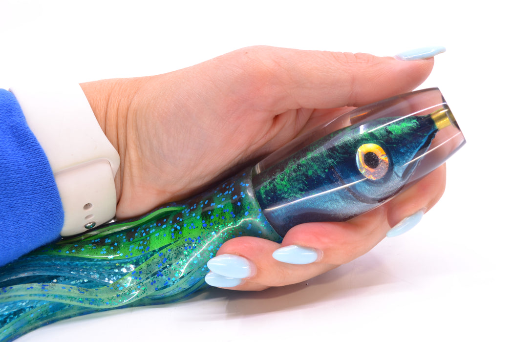 Tsutomu Lures Black & Green Splatter-Blue Fish Head Moke Invert 9" 7oz Skirted