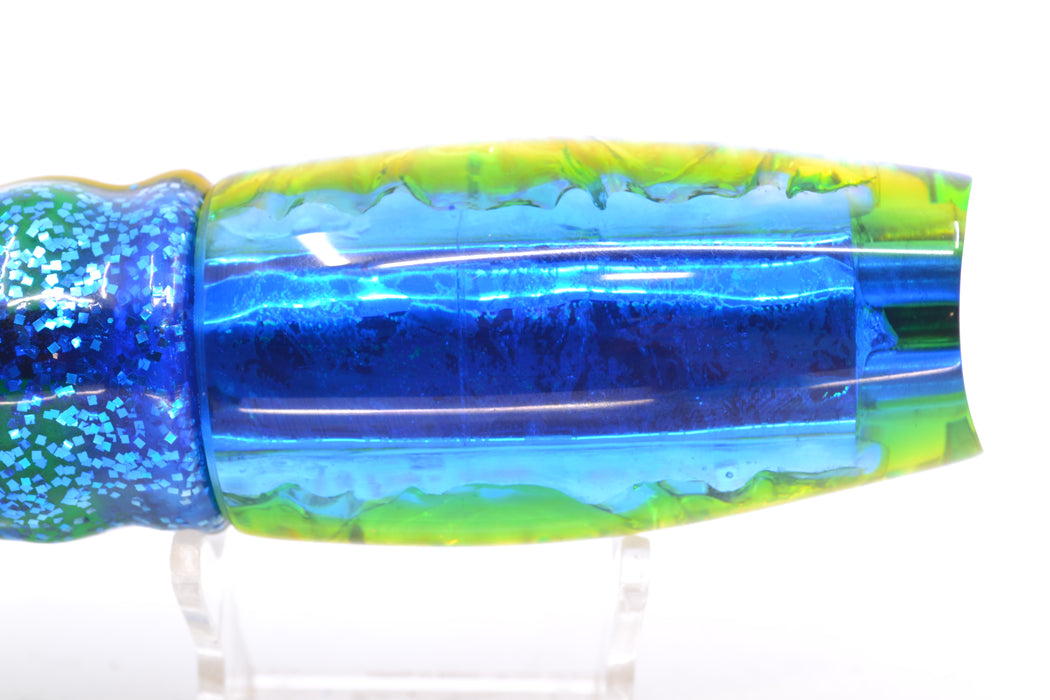 Coggin Lures Ice Rainbow Dichro Blue-Yellow Back 4-Hole Copalure Scoop 12" 12oz BOM Skirted