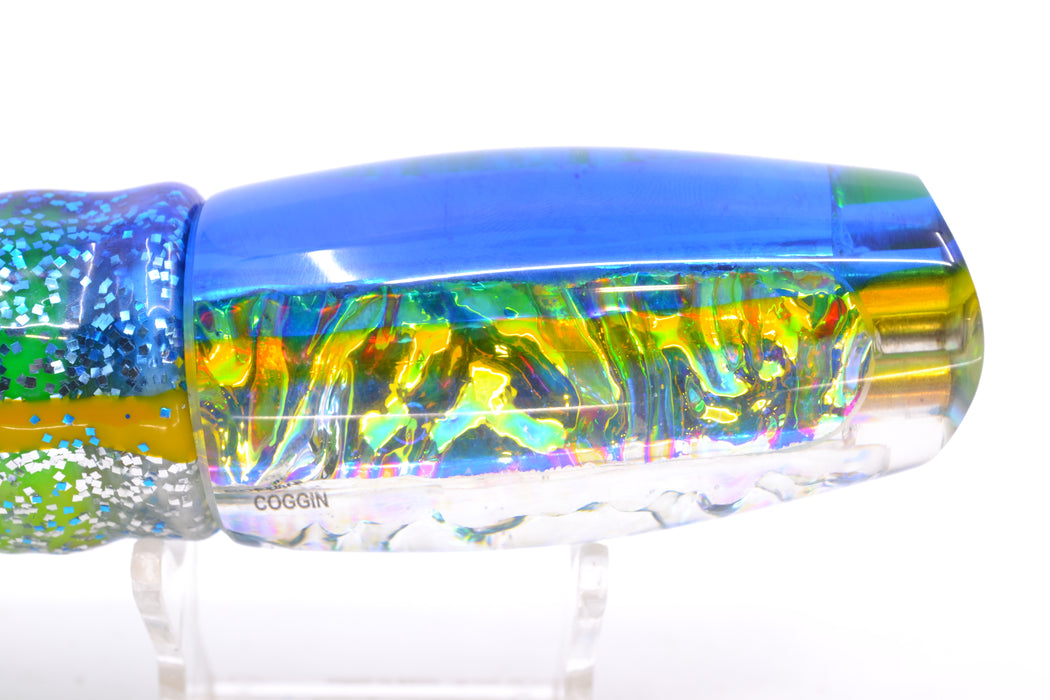 Coggin Lures Ice Rainbow Dichro Blue-Yellow Back 4-Hole Copalure Scoop 12" 12oz BOM Skirted