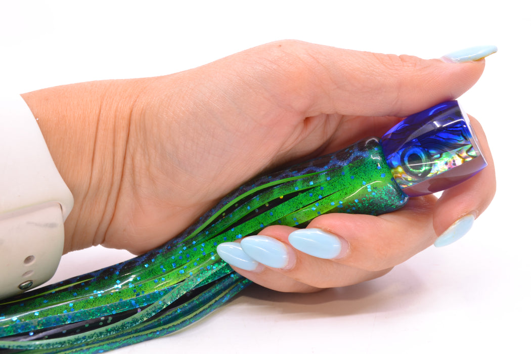 Moyes Lures Paua Shell Blue Back Taxi Eyes Tang 5" 3oz Skirted Black Dots-Blue Dots GZE
