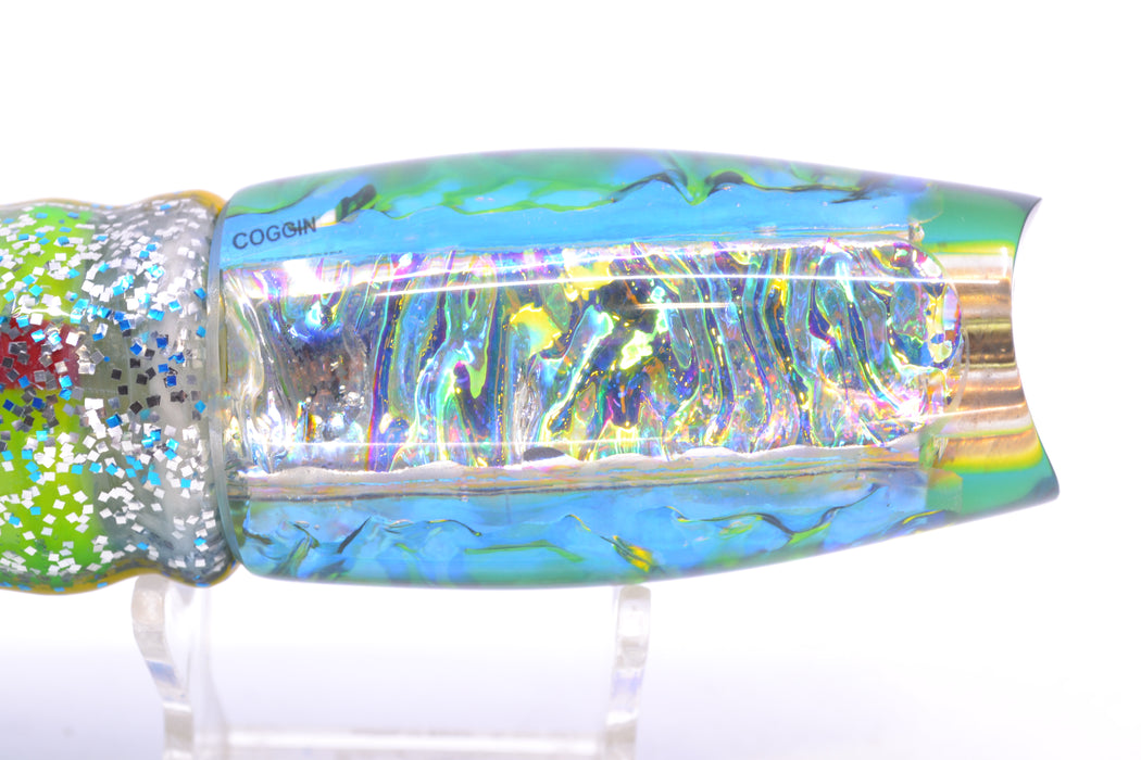 Coggin Lures Ice Rainbow Dichro Blue-Yellow Back 4-Hole Copalure Scoop 12" 12oz BOM Skirted