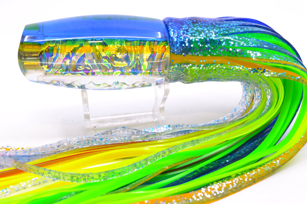 Coggin Lures Ice Rainbow Dichro Blue-Yellow Back 4-Hole Copalure Scoop 12" 12oz BOM Skirted