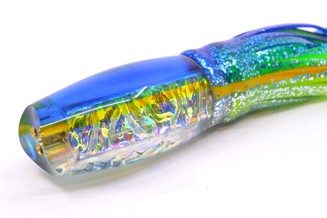 Coggin Lures Ice Rainbow Dichro Blue-Yellow Back 4-Hole Copalure Scoop 12" 12oz BOM Skirted