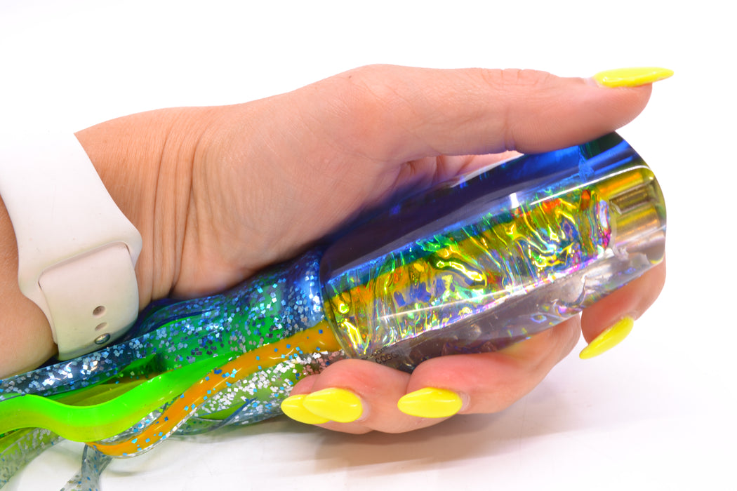 Coggin Lures Ice Rainbow Dichro Blue-Yellow Back 4-Hole Copalure Scoop 12" 12oz BOM Skirted