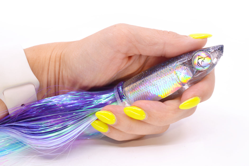 Bonze Lures Silver Rainbow Black Iridescent Back Weapon 9" 8oz Strobez Purple-White