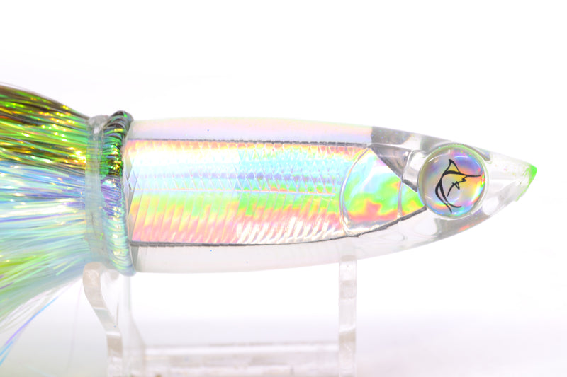 Bonze Lures Silver Rainbow Iridescent Back Weapon 9" 8oz Flashabou Olive-White/Yellow