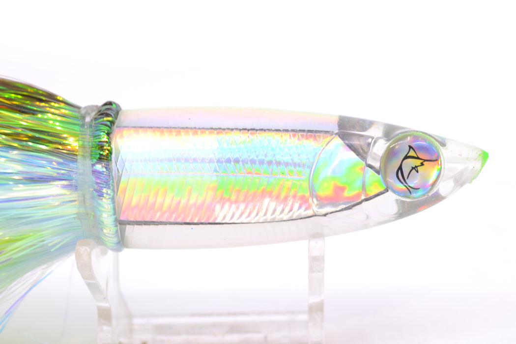 Bonze Lures Silver Rainbow Iridescent Back Weapon 9" 8oz Flashabou Olive-White/Yellow