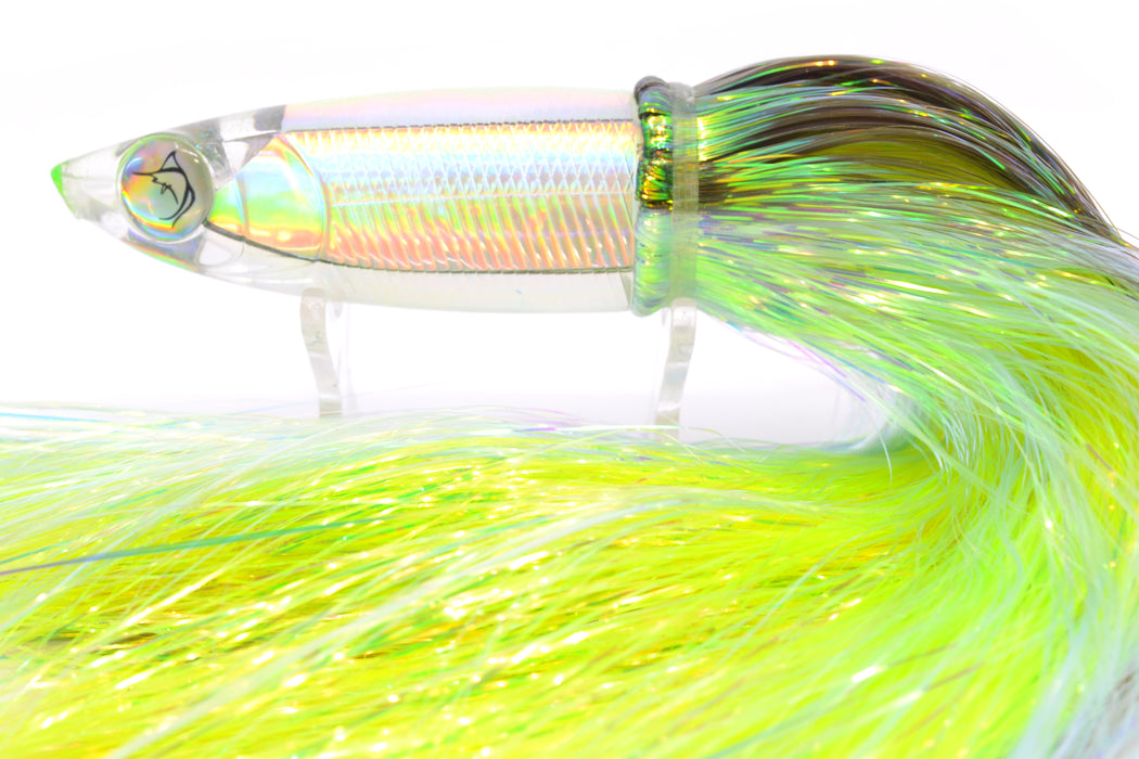 Bonze Lures Silver Rainbow Iridescent Back Weapon 9" 8oz Flashabou Olive-White/Yellow