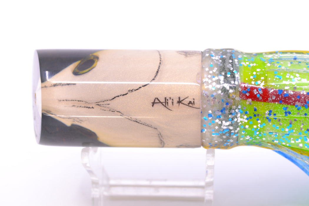 Ali'i Kai Lures White Fish Head Blue-Yellow Back Tube 10" 5.6oz Skirted Blue-Yellow-Clear