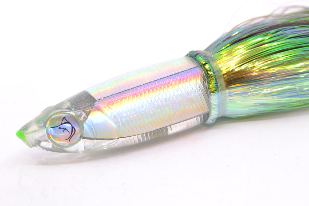 Bonze Lures Silver Rainbow Iridescent Back Weapon 9" 8oz Flashabou Olive-White/Yellow