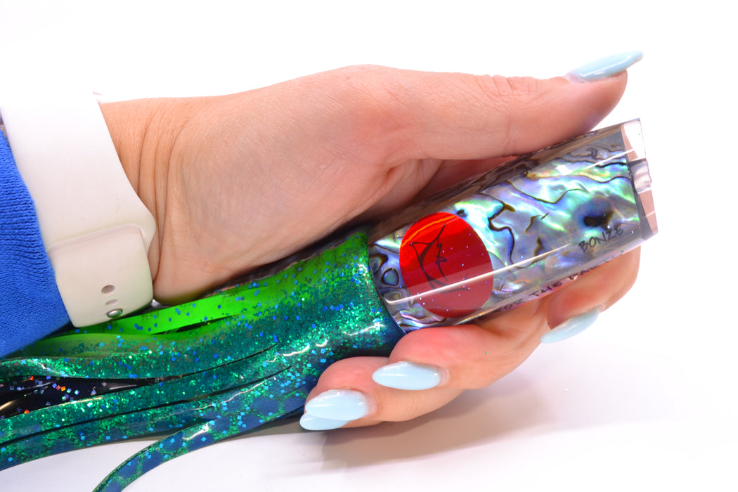 Bonze Lures Paua Shell Red Eyes Here For The Party 10" 8oz Skirted Black Dots-Blue Dots