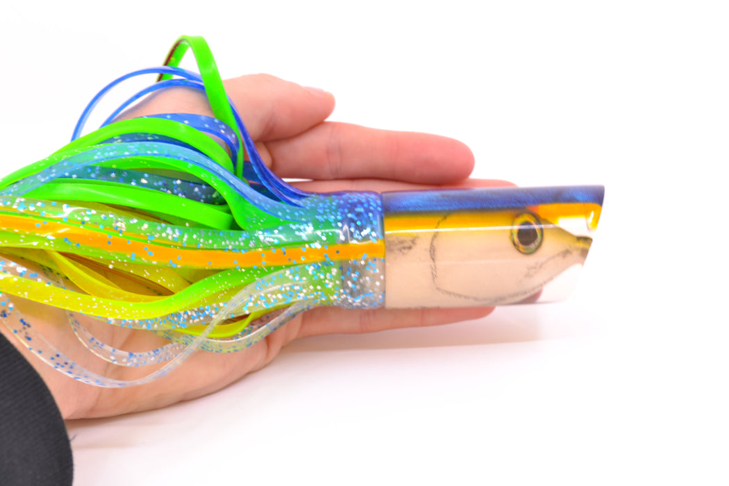 Ali'i Kai Lures White Fish Head Blue-Yellow Back Tube 10" 5.6oz Skirted Blue-Yellow-Clear