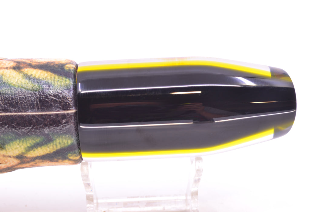 Crampton Baits Real Tahitian MOP Black-Yellow Back Red Eyes Plunger 12" 7oz ALV Fire Mackerel