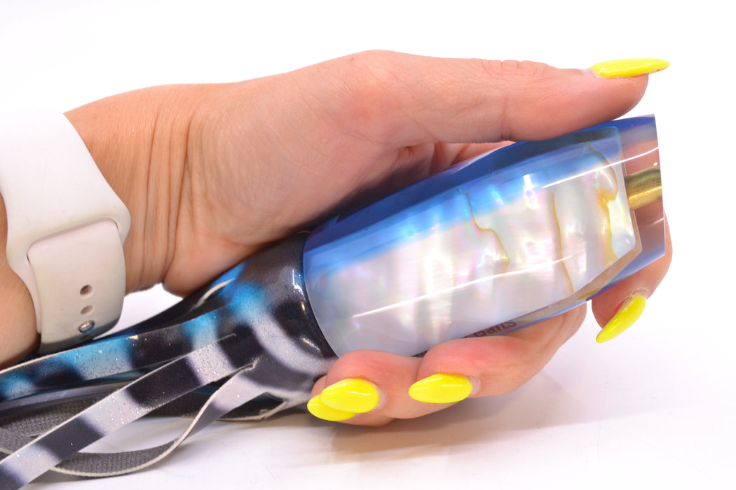 Crampton Baits Real Ripple MOP Blue Back No Eyes Plunger 12" 7oz Fire Tailz Wahoo
