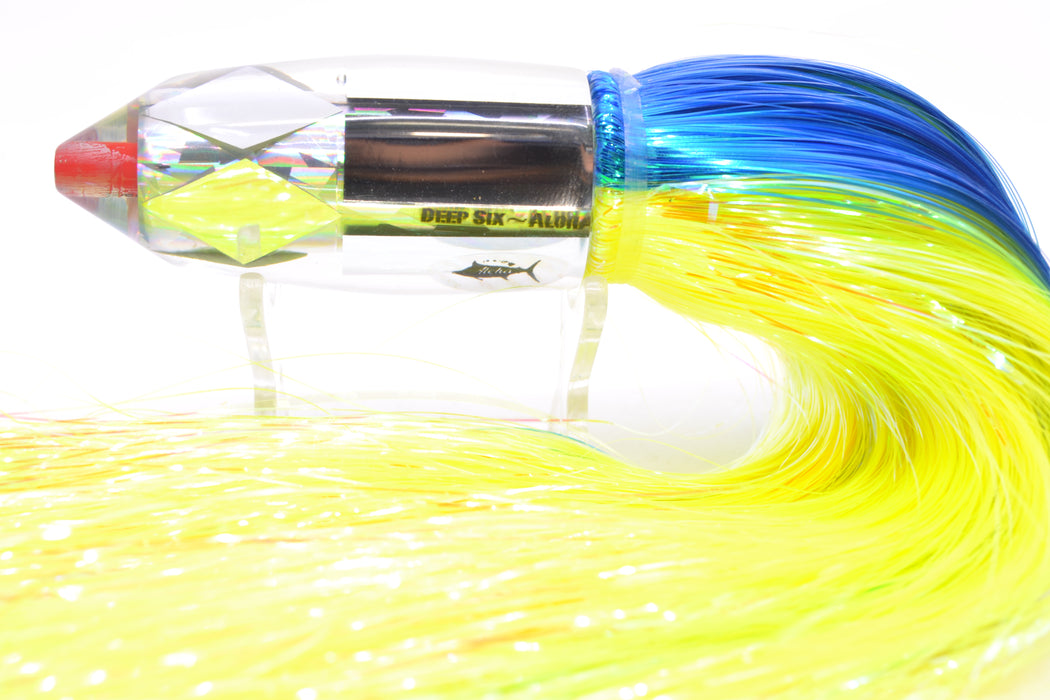 Aloha Lures Mirrored Silver Rainbow Flake Deep Six 9" 6oz Strobez Blue-Chartreuse GZE