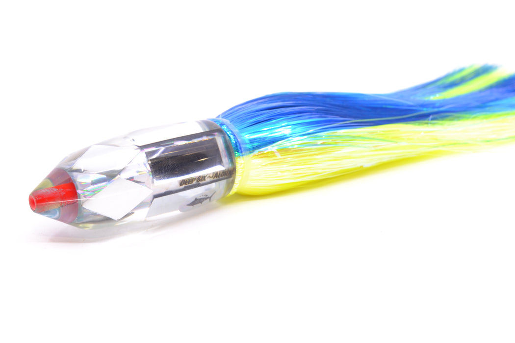 Aloha Lures Mirrored Silver Rainbow Flake Deep Six 9" 6oz Strobez Blue-Chartreuse GZE