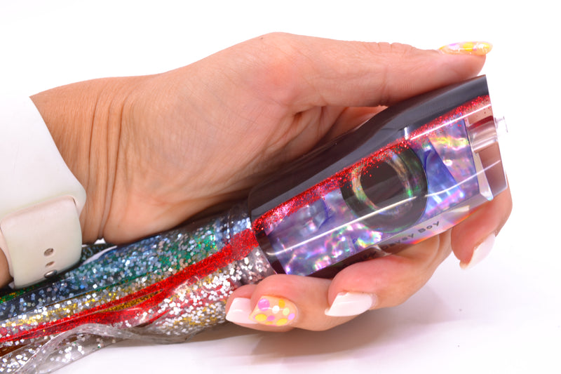 Moyes Lures Rainbow MOP Black-Red Back Taxi Eyes Davey Boy 12" 8oz Skirted Evil