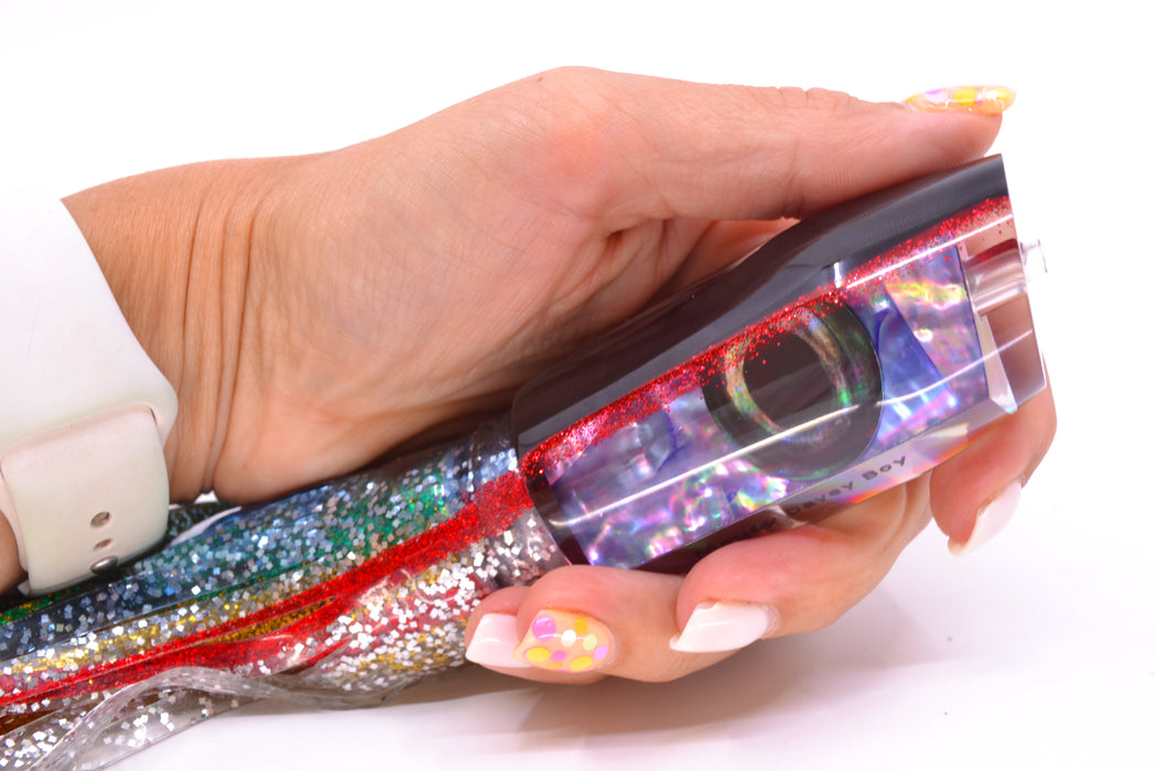 Moyes Lures Rainbow MOP Black-Red Back Taxi Eyes Davey Boy 12" 8oz Skirted Evil GZE