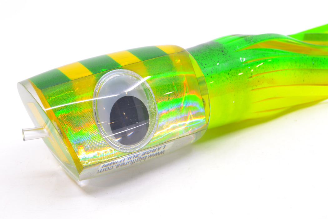 Big T Lures Silver Pearl Green-Yellow Striped Back Large Zulu Impi 16" 14.7oz Skirted GZE