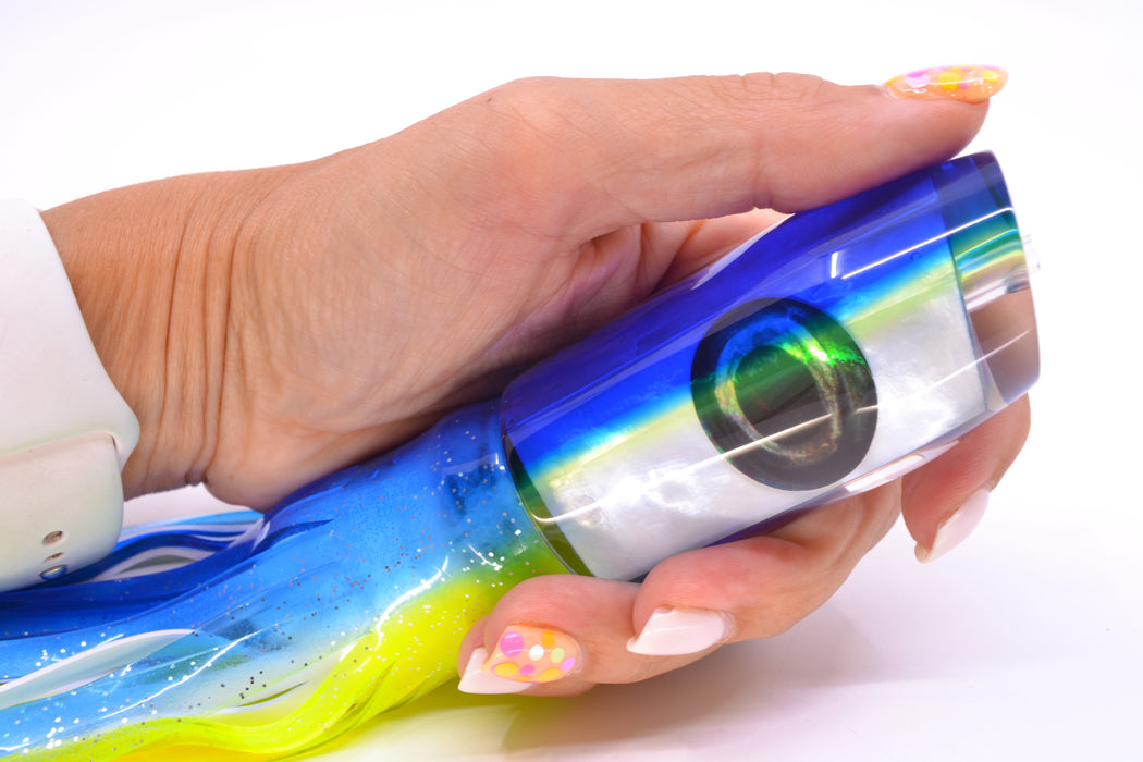 Moyes Lures White MOP Blue-Yellow Back Taxi Eyes Davey Boy 12" 8oz Skirted Blue-Lumo GZE