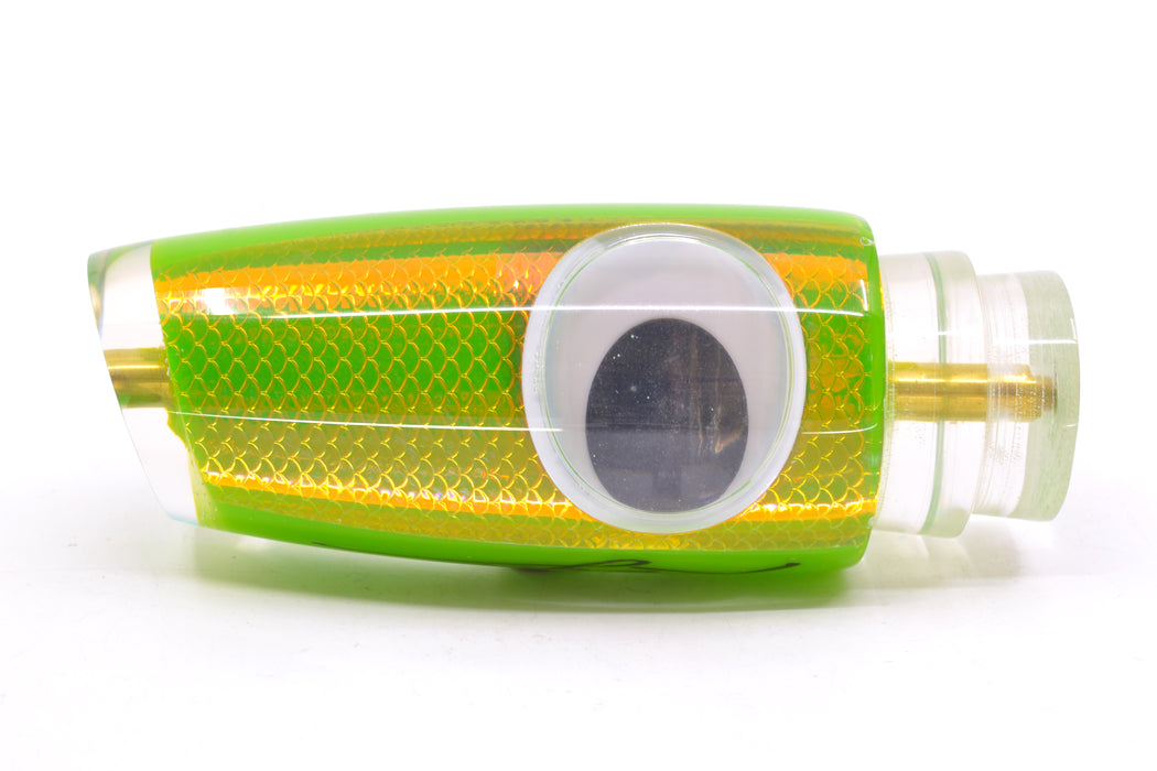 Koya Lures Lime Green Rainbow Scale Doll Eyes Large Kona Plunger 14" 9oz GZE