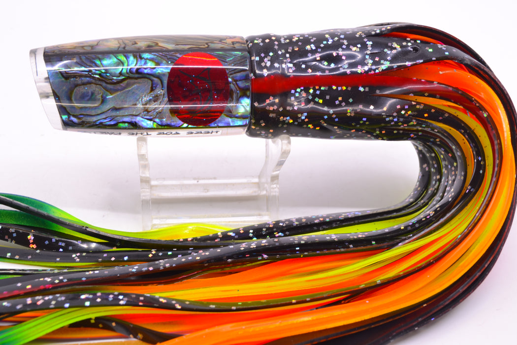 Bonze Lures Paua Shell Red Eyes Here For The Party 10" 8oz Skirted Black/Orange-Yellow-Blue